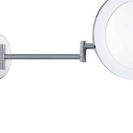 Kinkiet łazienkowy z lustrem magnifying, chromowany, z LED 4W, klasyfikacja IP44. Uchwyt prosty, okrągła podstawa. Lustro w kształcie okręgu, umieszczone na ruchomym ramieniu, idealne do precyzyjnego oświetlenia.