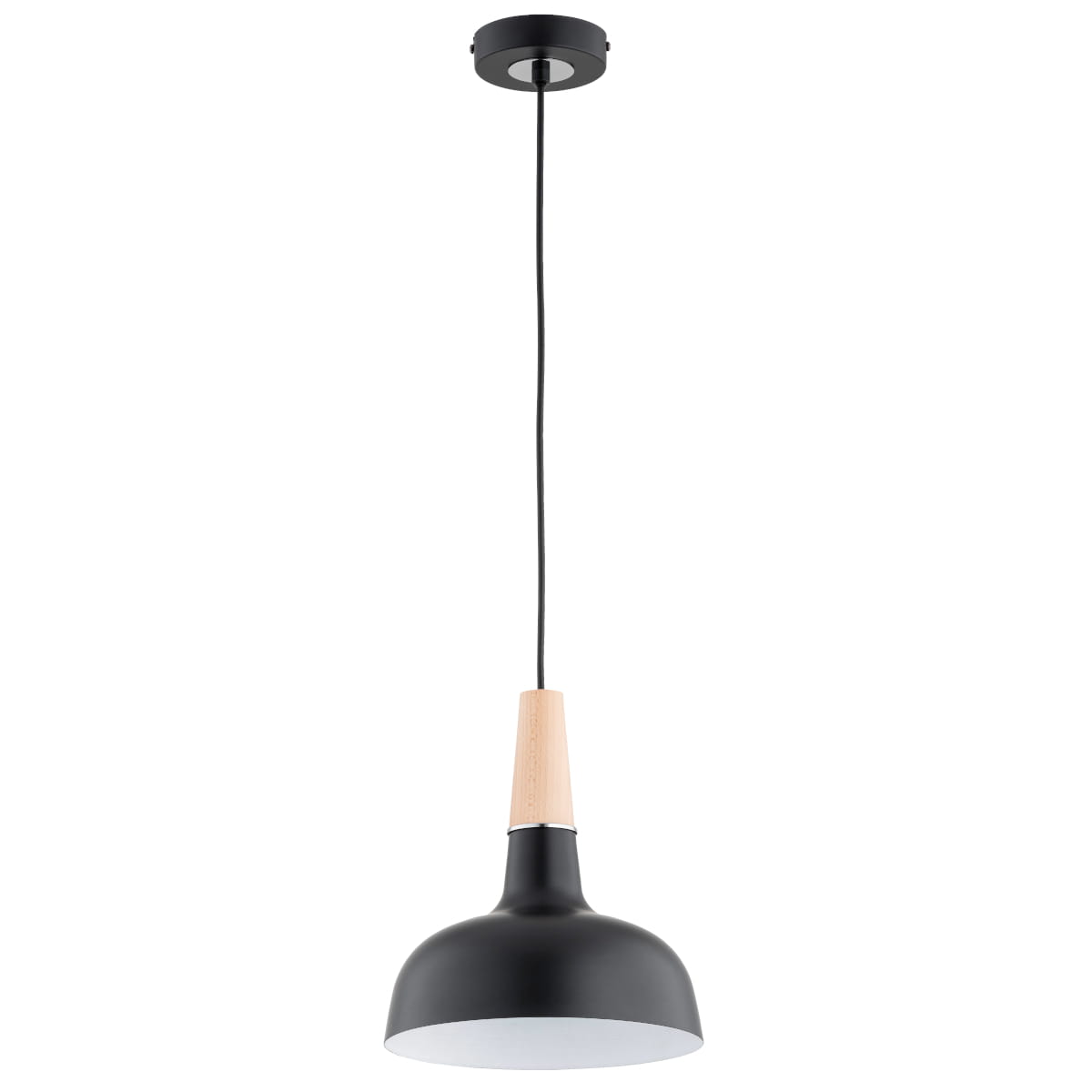 Lampa wisząca Goxa z jedną oprawą E27, w kolorze czarnym z drewnianym elementem. Okrągła, matowa czasza z białym wnętrzem, zawieszona na czarnym przewodzie. Ujęcie frontalne, produkt w stanie nowym, bez dodatkowych akcesoriów.