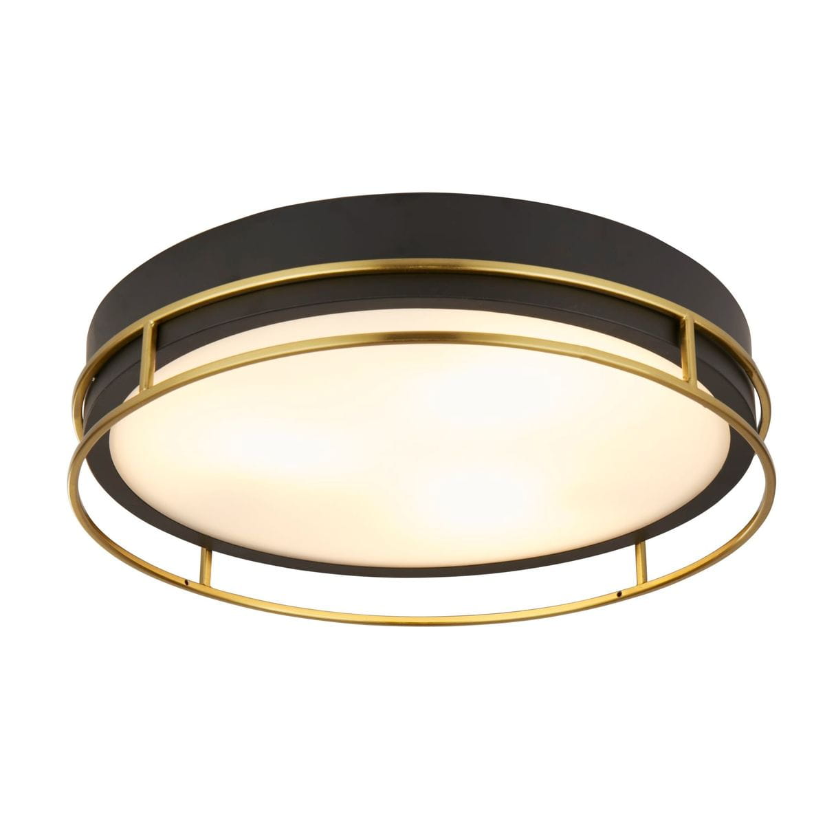 Lampa sufitowa Phoenix 3xE14 w kolorze czarnym z mosiężnymi detalami. Okrągła, płaska konstrukcja z matowym kloszem, zamontowana na suficie, z ozdobnym metalowym pierścieniem. IP44, idealna do łazienek lub stref zewnętrznych.