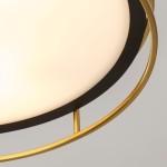 Czarna lampa sufitowa Phoenix z mosiężnymi akcentami, z okrągłym kloszem w białym kolorze. Ujęcie z góry, ukazujące detale konstrukcji oraz połączenia materiałów. Wymaga trzech żarówek E14 i jest odporna na wilgoć (IP44).