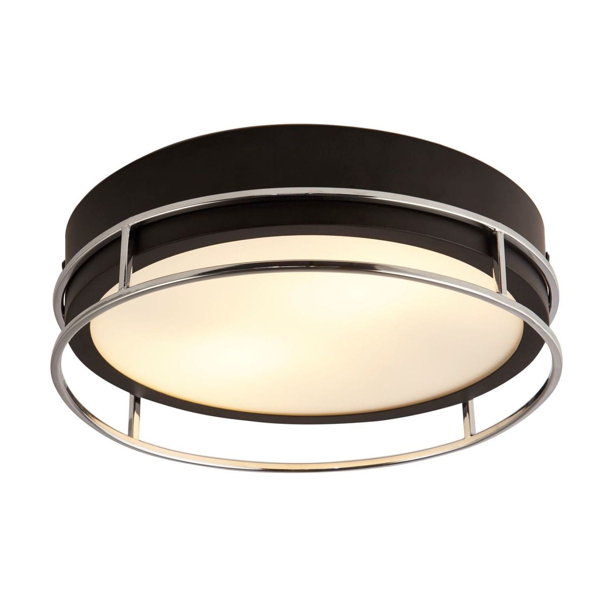 Lampa sufitowa Phoenix z dwoma oprawami E14, o okrągłym kształcie. Klosz z mlecznego szkła, zapewniający równomierne rozproszenie światła. Przeznaczona do użytku w pomieszczeniach o podwyższonej wilgotności (IP44).