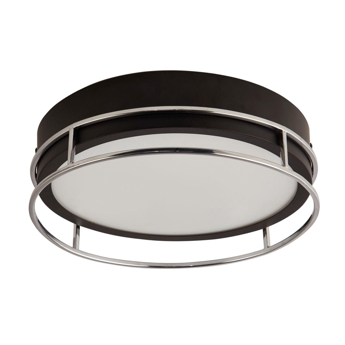 Lampa sufitowa Phoenix 2xE14/IP44 w kolorze czarnym z chromowanym pierścieniem. Okrągły kształt z białym, matowym kloszem. Zawieszona w pozycji poziomej, idealna do wnętrz. Wymiary i detale konstrukcyjne nie są widoczne.