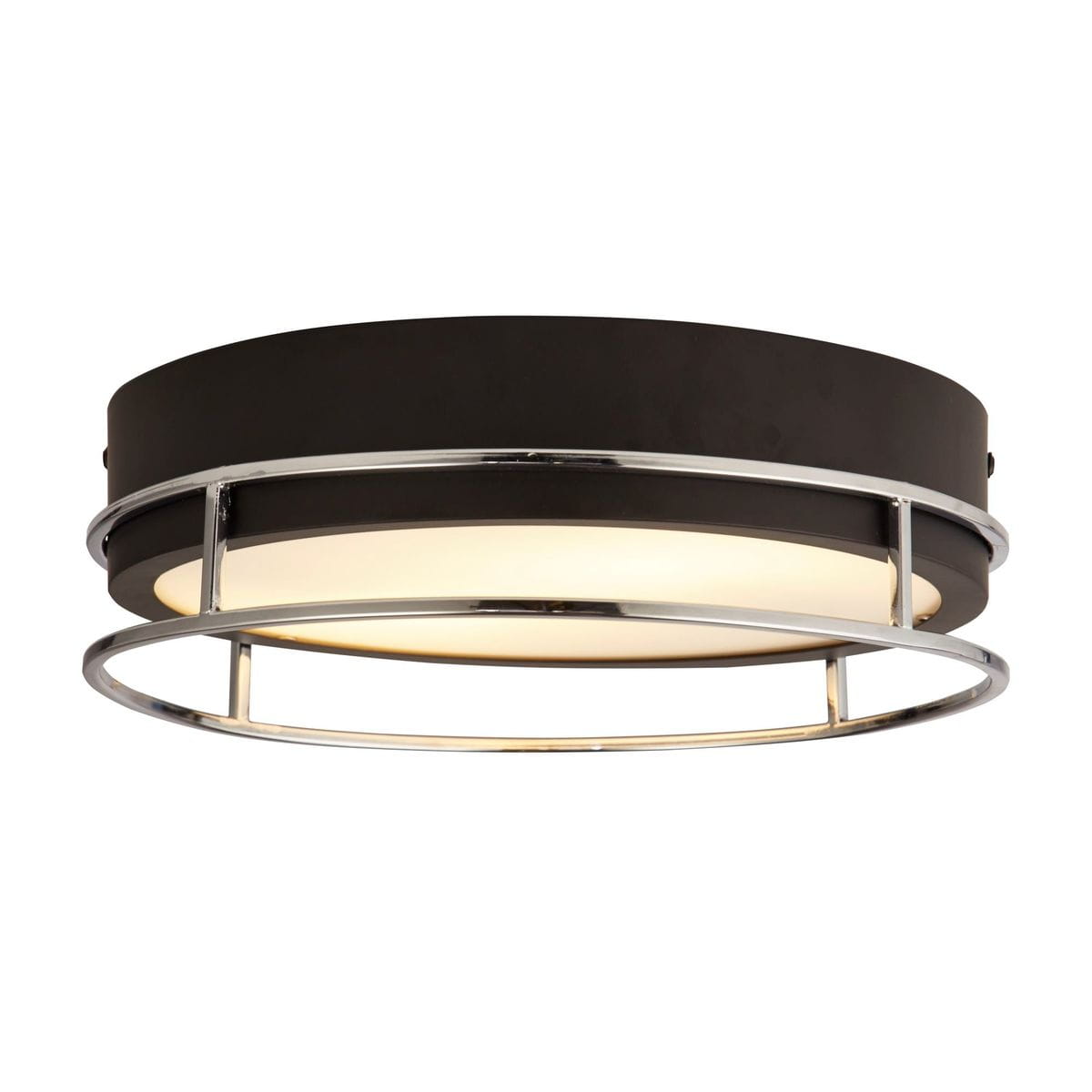 Lampa sufitowa Phoenix z dwoma gniazdami E14, w kolorze czarnym z chromowanymi detalami. Okrągła konstrukcja z matowym kloszem i metalową siatką. Wysoka klasa ochrony IP44, idealna do łazienek. Ujęcie z boku, na jednolitym tle.