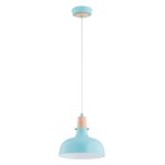 Lampa wisząca Solo II w kolorze miętowym z metalowym kloszem i drewnianym detalem. Zawieszona na białym przewodzie, z okrągłym mocowaniem sufitowym. Idealna do nowoczesnych wnętrz.