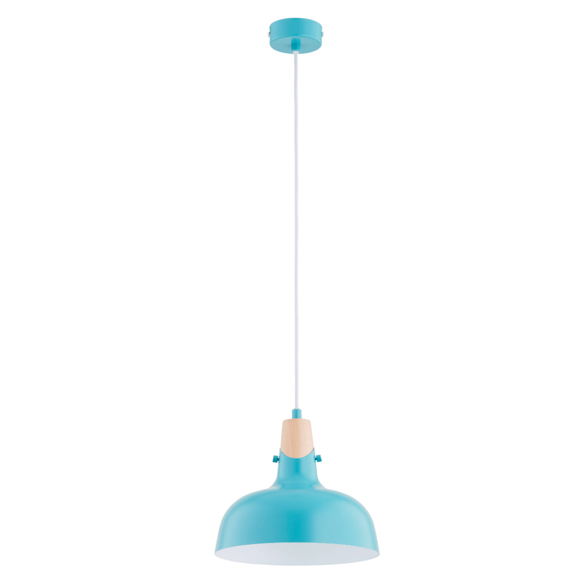 Lampa wisząca Solo II z niebieskim kloszem i drewnianym detalem, zawieszona na białym przewodzie. Klosz ma zaokrąglony kształt, a górna część jest w kolorze niebieskim, z białym wnętrzem. Umożliwia użycie żarówki E27.