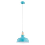 Lampa wisząca Solo II z niebieskim kloszem i drewnianym detalem, zawieszona na białym przewodzie. Klosz ma zaokrąglony kształt, a górna część jest w kolorze niebieskim, z białym wnętrzem. Umożliwia użycie żarówki E27.