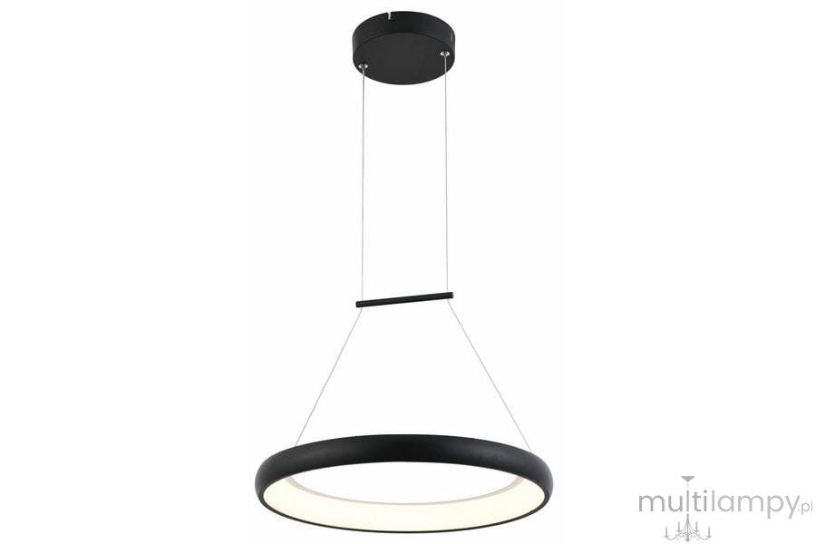 Czarna lampa wisząca Thea D40 z pojedynczym źródłem LED o mocy 24W. Okrągły kształt z matowym wykończeniem, zawieszona na cienkich linkach, z białym, wbudowanym źródłem światła. Montaż sufitowy, minimalistyczny design.
