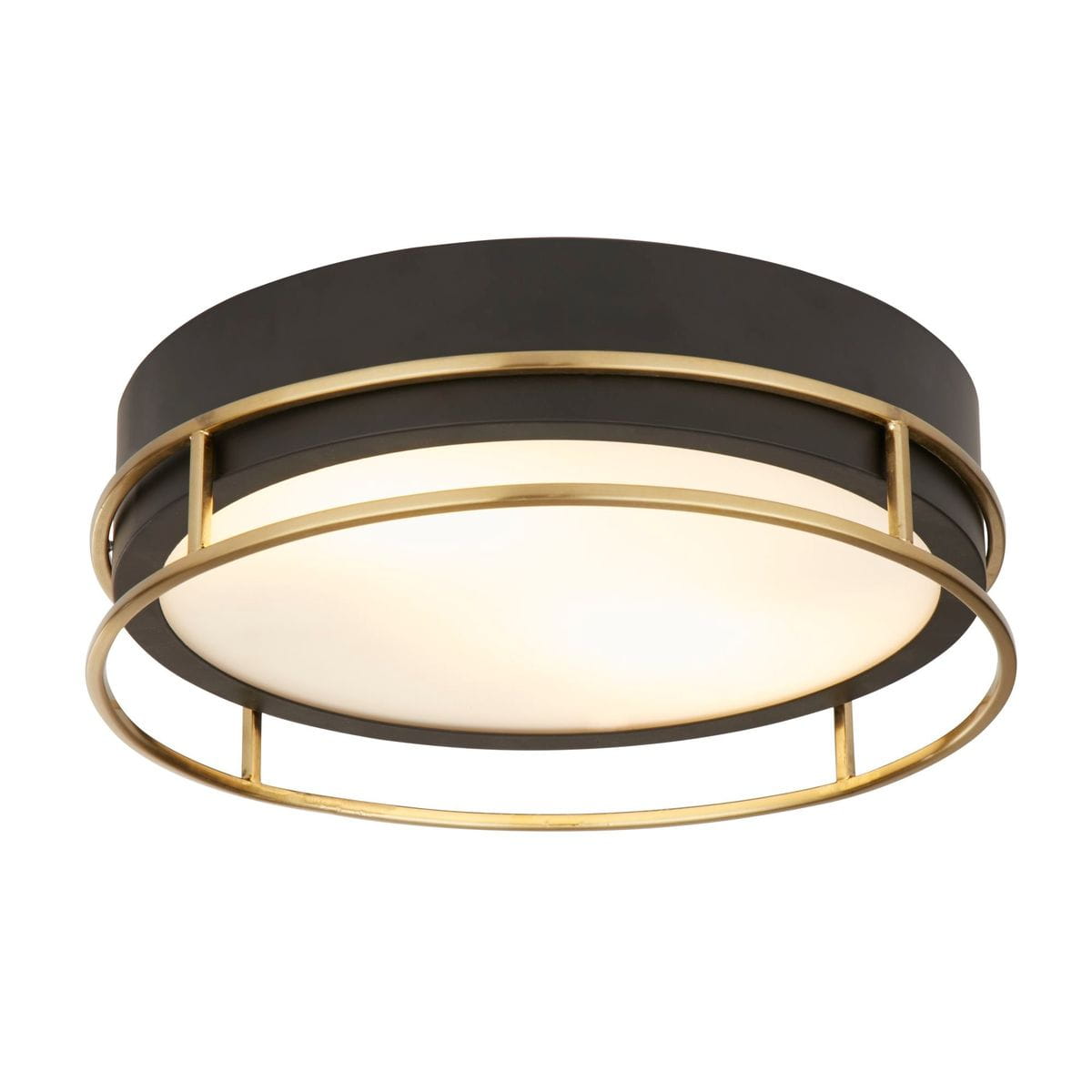 Lampa sufitowa Phoenix z dwoma gniazdami E14, o okrągłym kształcie. Obudowa w kolorze czarnym z mosiężnym wykończeniem, z przezroczystym kloszem. Oświetlenie w stylu nowoczesnym, montowane na suficie.