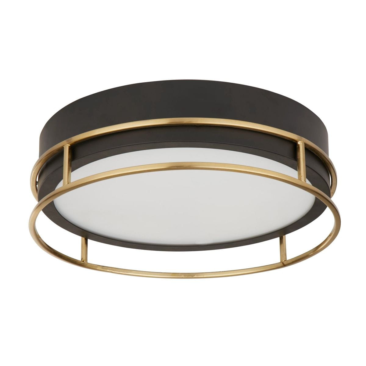Lampa sufitowa Phoenix z dwoma gniazdami E14, o okrągłym kształcie. Czarna obudowa z metalowymi akcentami w kolorze mosiądzu oraz białą, matową osłoną. Zawieszona w pozycji poziomej, idealna do nowoczesnych wnętrz.