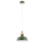 Lampa wisząca Solo II z jednym źródłem światła E27, w zielonym kolorze, z drewnianym detalem u podstawy. Zawieszona na białym przewodzie, ma zaokrąglony klosz i proste, nowoczesne wzornictwo. Idealna do różnych wnętrz.