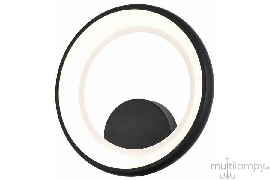 Kinkiet Thea w kolorze czarnym, z okrągłym, matowym korpusem. Posiada zintegrowane oświetlenie LED o mocy 20W, emitujące miękkie, białe światło. Zamontowany w pozycji poziomej, idealny do nowoczesnych wnętrz.