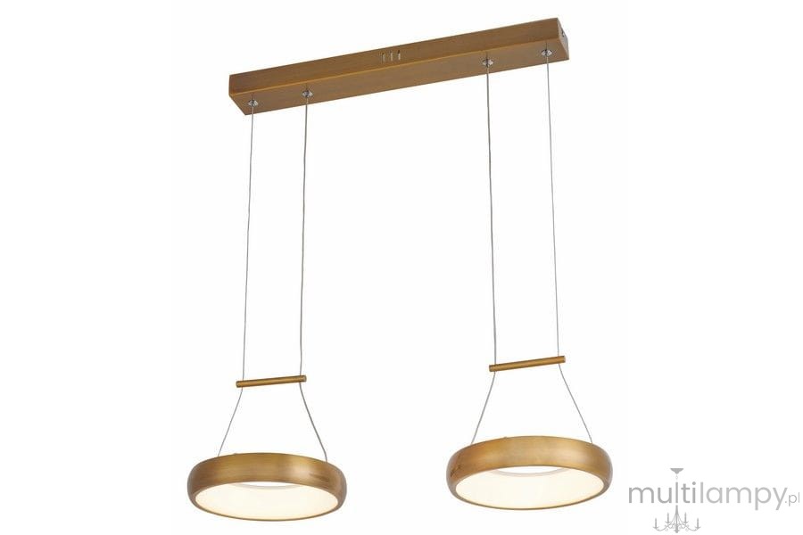 Lampa wisząca Thea z dwoma okrągłymi kloszami w kolorze złotym, z zamontowanym metalowym uchwytem. Dwa źródła światła LED o mocy 24W, zawieszona na cienkich linkach. Klosze mają delikatne, matowe wykończenie. Dobrze widoczna struktura i kształt.