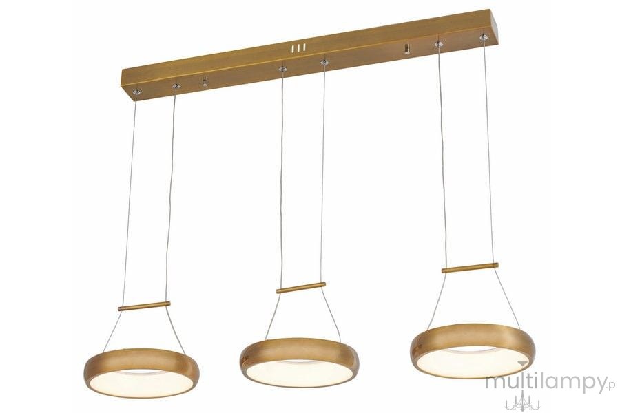 Lampa wisząca Thea z trzema okrągłymi kloszami LED w kolorze złotym, zawieszona na prostokątnej podstawie. Klosze mają matową powierzchnię i są zawieszone na cienkich linkach, co nadaje lekkości i nowoczesnego stylu.