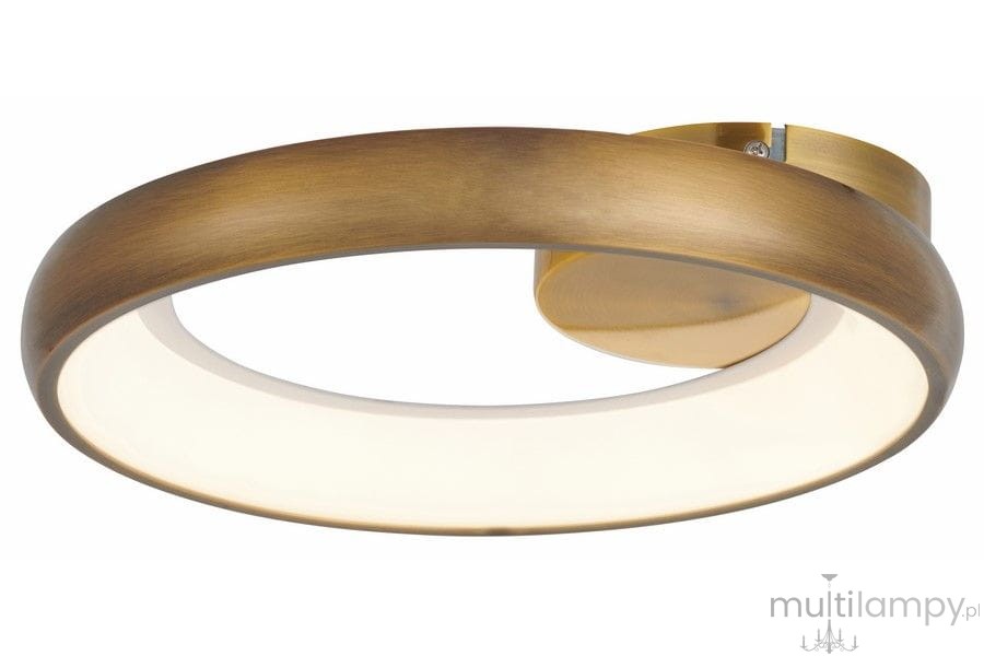 Lampa sufitowa Thea w kolorze złotym, z okrągłym kloszem wykonanym z matowego materiału, zintegrowane LED o mocy 20W. Ujęcie frontalne, produkt zamontowany na suficie, bez widocznych detali dekoracyjnych.