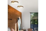 Lampa sufitowa Thea w kolorze złotym, pojedyncza, z technologią LED o mocy 20W. Zamontowana na białym suficie, z delikatnym okrągłym kloszem. Widoczna w nowoczesnym wnętrzu z drewnianą ścianą i meblami w stonowanych kolorach.