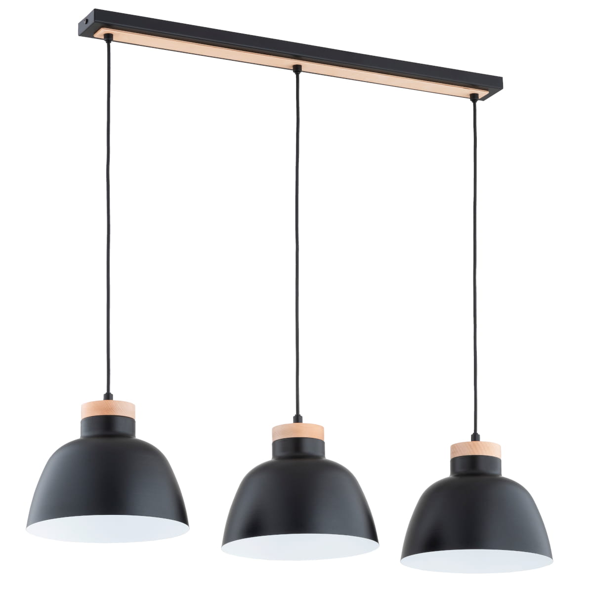 Lorien lampa wisząca 3xE27 w kolorze czarnym z drewnianymi detalami. Trzy klosze w kształcie dzwonu zawieszone na cienkich linkach, umieszczone na prostokątnej, czarnej podstawie. Idealna do nowoczesnych wnętrz.