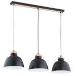 Lorien lampa wisząca 3xE27 w kolorze czarnym z drewnianymi detalami. Trzy klosze w kształcie dzwonu zawieszone na cienkich linkach, umieszczone na prostokątnej, czarnej podstawie. Idealna do nowoczesnych wnętrz.