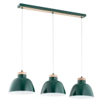 Lorien lampa wisząca z trzema oprawami E27 w kolorze zielonym, z drewnianymi detalami. Lampa zawieszona na dwóch białych linkach, z metalowymi kloszami o zaokrąglonym kształcie, umieszczona na prostokątnej podstawie.