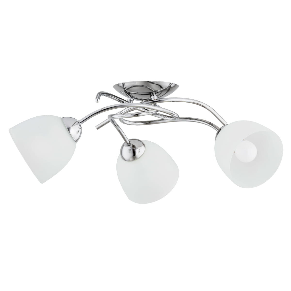 Lampa sufitowa Verwil z trzema kloszami E27 w kolorze chromowanym. Klosze mają białe, matowe wykończenie, a całość jest zamontowana na okrągłej, chromowanej podstawie. Kąt ujęcia z góry, ukazujący elegancki kształt i konstrukcję lampy.