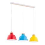 Lorien lampa wisząca z trzema kloszami w kolorach czerwonym, niebieskim i żółtym, z drewnianymi elementami, zawieszona na białej listwie. Klosze mają okrągły kształt i są umieszczone na różnych wysokościach.