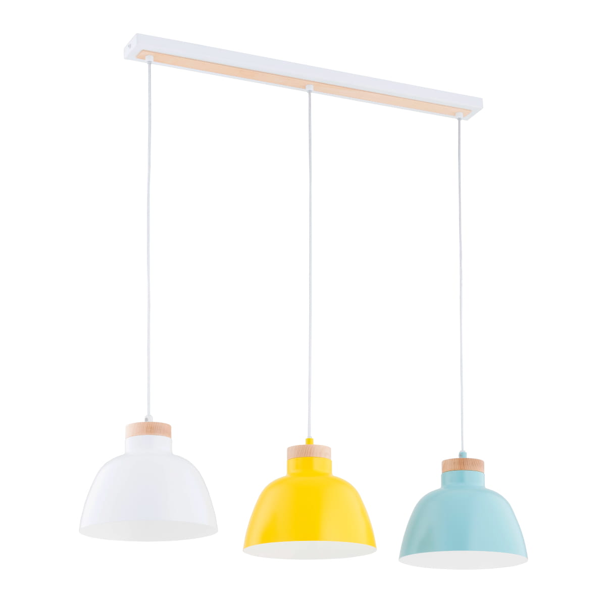 Lorien lampa wisząca z trzema kloszami w kolorze białym, żółtym i niebieskim, z drewnianymi detalami. Lampa zawieszona na białym stelażu, z długimi przewodami. Idealna do nowoczesnych aranżacji wnętrz.