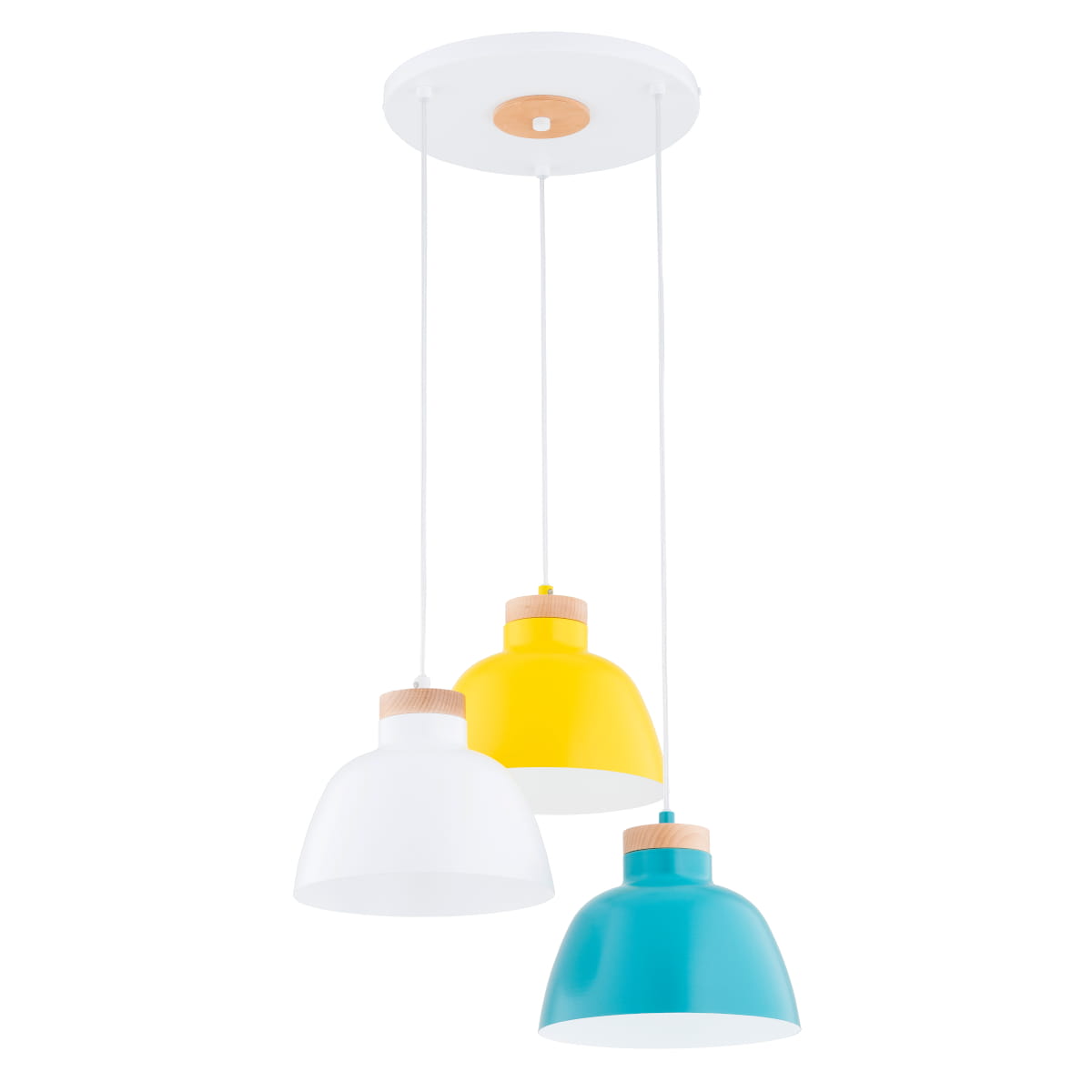 Lorien lampa wisząca z trzema kloszami w kolorach żółtym, białym i niebieskim, z drewnianymi detalami u góry. Klosze mają zaokrąglony kształt i są zawieszone na białych linkach z płaskim, okrągłym mocowaniem sufitowym.