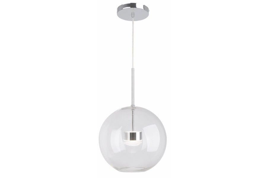 Lampa wisząca Multiverse z pojedynczym źródłem LED 10W, w chromowanej oprawie. Kula ze szkła przezroczystego, zawieszona na metalowym pręcie. Oświetlenie w nowoczesnym stylu, idealne do wnętrz.