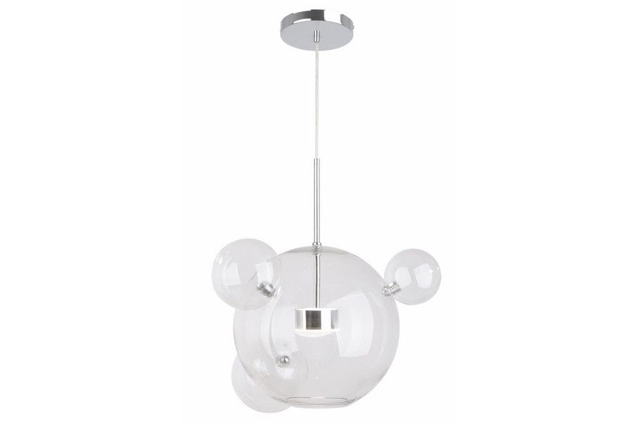 Lampa wisząca Multiverse z chromowanym wykończeniem, wyposażona w jedną diodę LED 10W. Posiada szklane, przezroczyste kuliste klosze o różnych średnicach, zawieszona na cienkim, białym kablu. Idealna do nowoczesnych wnętrz.