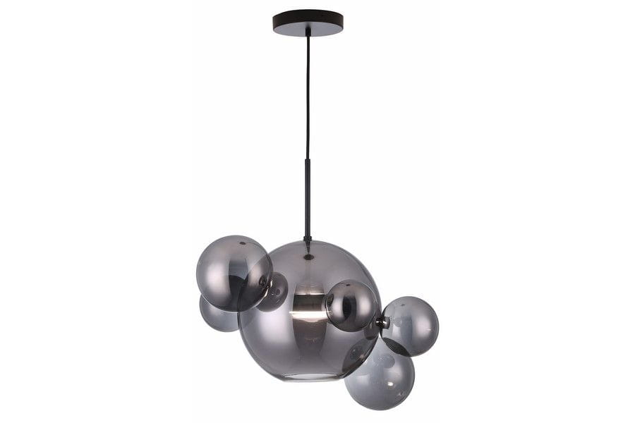 Lampa wisząca Multiverse w kolorze czarnym z jednym źródłem światła LED 10W. Posiada kuliste, przezroczyste klosze w różnych rozmiarach, zawieszona na cienkim przewodzie. Prosta, nowoczesna konstrukcja z metalowym mocowaniem.