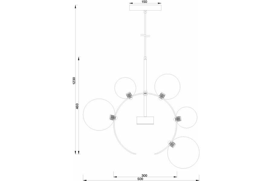 Lampa wisząca Multiverse 1xLED/10W w kolorze czarnym, z okrągłym metalowym stelażem i pięcioma szklanymi kloszami. Ujęcie z góry, pokazujące wymiary: wysokość 1230 mm, średnica 500 mm. Zawieszona na regulowanym przewodzie.
