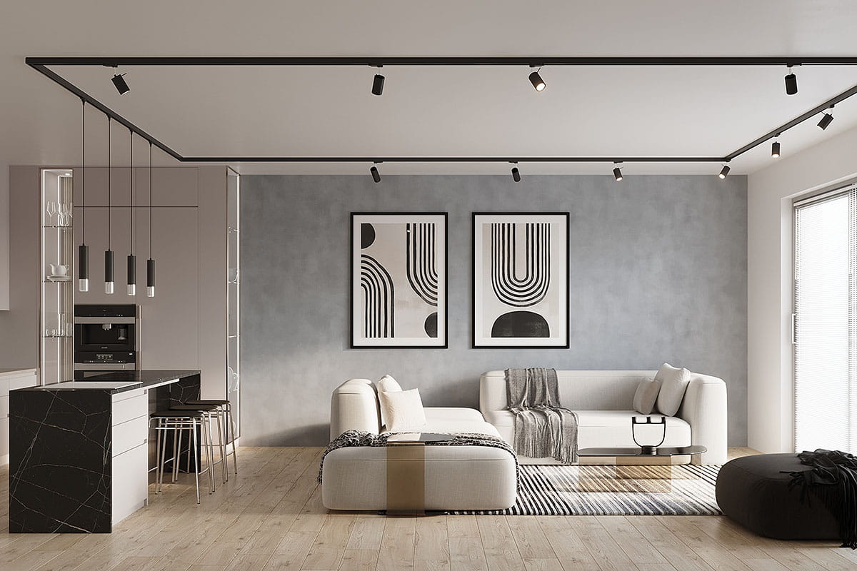 Loopez lampa wisząca 1xGU10, czarna z chromowanymi detalami, zamontowana na szynie 3F. Kąt ujęcia z boku, ukazujący minimalistyczny design w nowoczesnym wnętrzu z szaro-beżowym tłem i grafikami na ścianie.