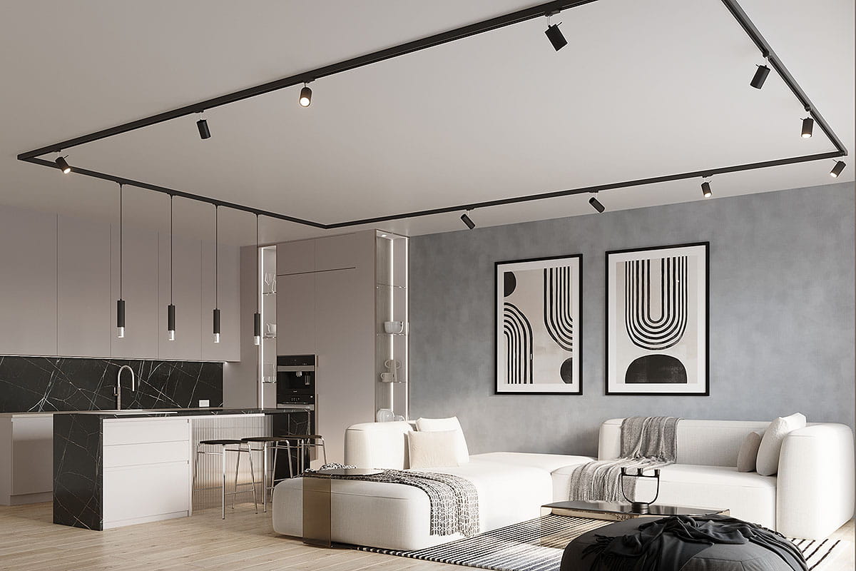 Loopez lampa wisząca 1xGU10 w kolorze czarnym z chromowanymi detalami, zawieszona na szynie 3F. Widoczna w nowoczesnym wnętrzu, nad białą sofą i kuchnią z czarnym blatem. Kąt ujęcia frontalny, pokazujący całość aranżacji.