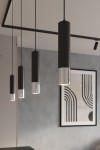 Loopez lampa wisząca 1xGU10, czarna z chromowanym wykończeniem, zawieszona w grupie czterech lamp o cylindrycznym kształcie. Widoczna na tle szaro-beżowej ściany oraz graficznego obrazu. Idealna do systemu szynowego 3F.