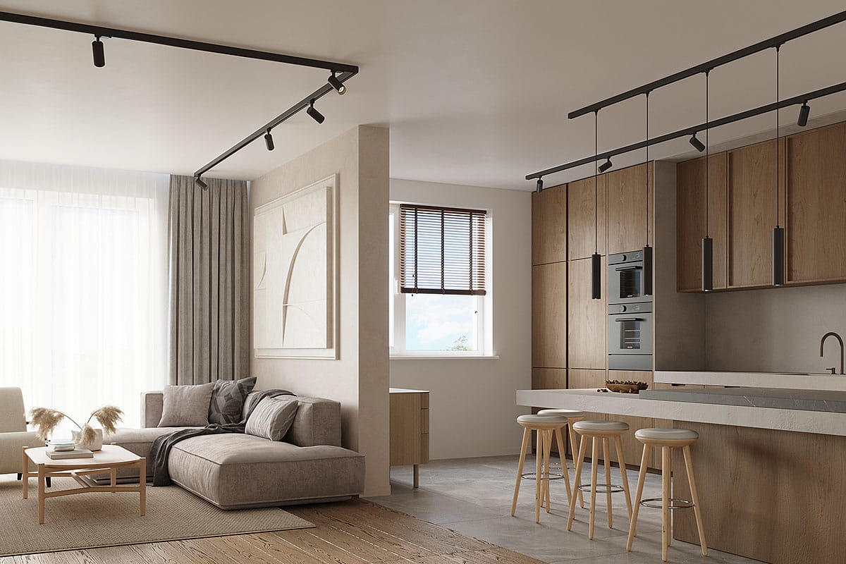 Czarna lampa wisząca Lagos z jedną żarówką GU10 7W/4000K, zawieszona na szynie 3F. Produkt widoczny w nowoczesnej kuchni, z drewnianymi meblami oraz jasnym tłem. Lampa ma prosty, cylindryczny kształt, idealna do oświetlenia przestrzeni.