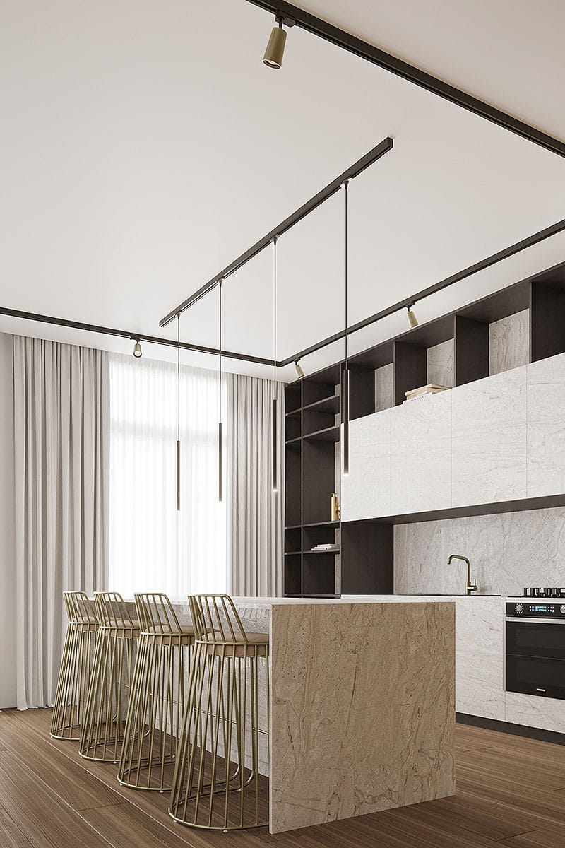 Reflektor spot Aura 1xGU10 w kolorze mosiądzu, zawieszony na szynie 3F, umieszczony w nowoczesnej kuchni. Widoczny w kontekście aranżacji z jasnymi zasłonami i barowym blatem z kilku metalowych krzeseł.