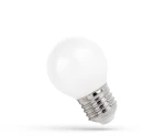 Żarówka LED kulka w kolorze mlecznym z gwintem E27, moc 5,5W, emitująca neutralne białe światło o temperaturze 4000K. Prezentowana w pozycji leżącej, z widoczną metalową podstawą.