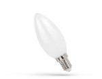 Żarówka LED w kształcie świeczki, mleczna obudowa, gwint E14, moc 5,5W, ciepła biała barwa 2700K. Ujęcie z boku, stojąca na płaskiej powierzchni, widoczna metalowa końcówka.