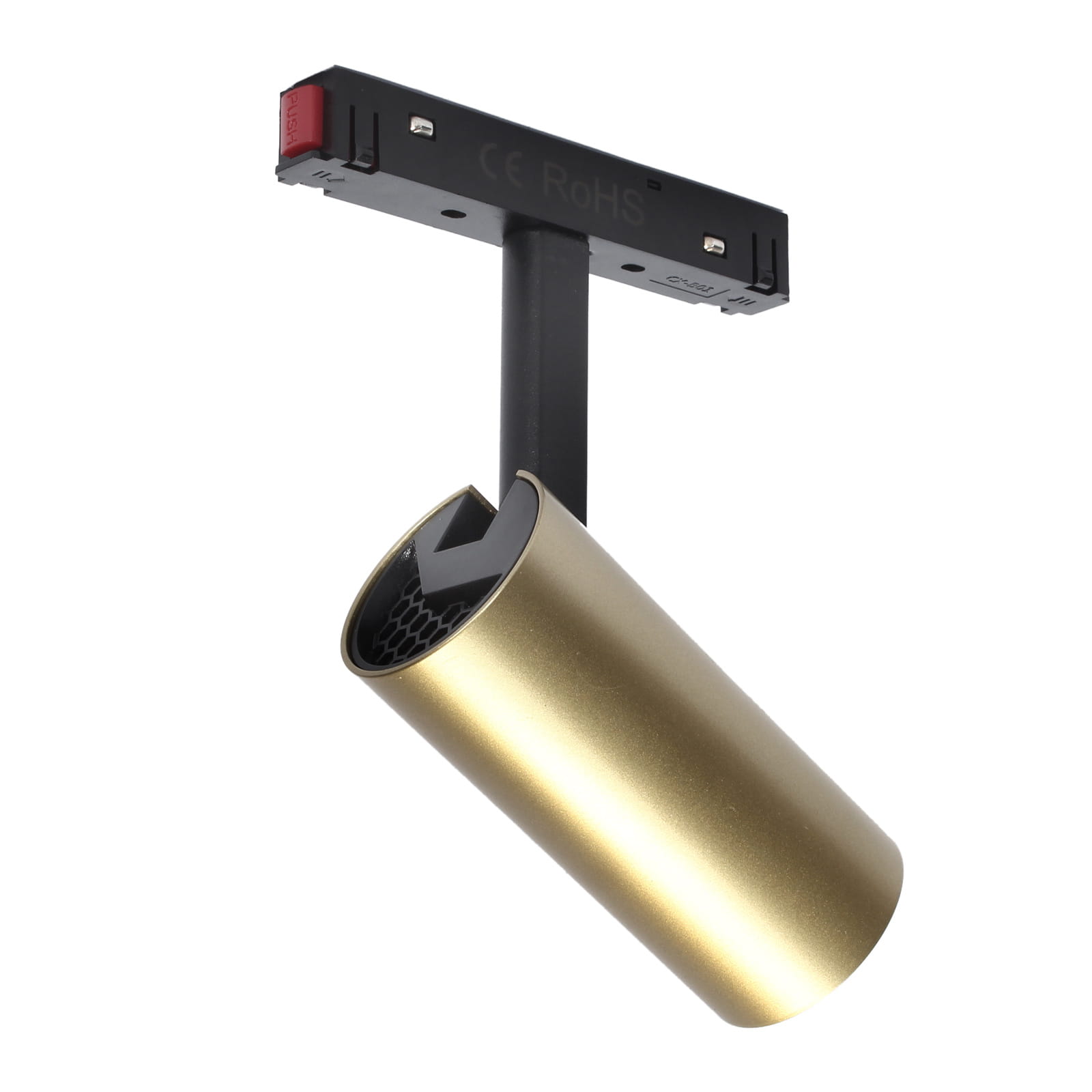 Reflektor spot LED 7W/3000K w kolorze złotym, zamontowany na czarnej szynie magnetycznej. Cylindryczny kształt z siateczkowym detalem wewnątrz. Ujęcie z boku, pokazujące elementy mocujące i konstrukcję.