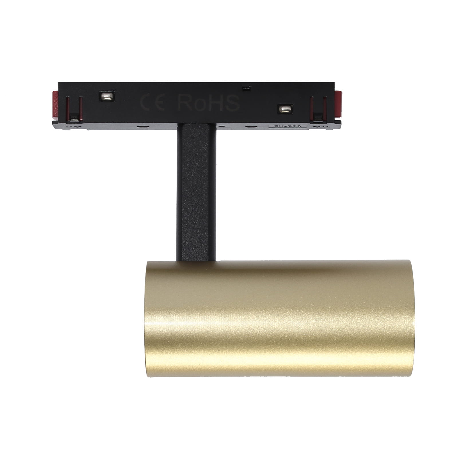 Reflektor spot LED do szyny magnetycznej, 7W, 4000K, w kolorze złotym. Ujęcie frontalne, produkt zamontowany na czarnej podstawie. Widoczny okrągły korpus z matowym wykończeniem, z widocznymi oznaczeniami na górze.