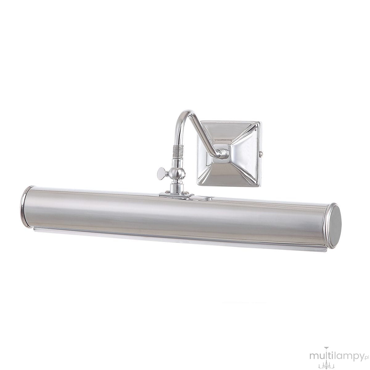 Kinkiet Picture Light 2xE14 w wykończeniu polerowanego chromu. Owalna, metalowa oprawa w kształcie rurki z regulowanym uchwytem, montowana na prostokątnej podstawie. Elegancki design, idealny do oświetlenia obrazów lub dekoracji.