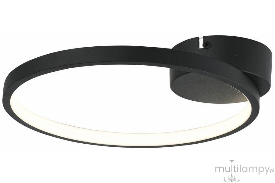 Czarna lampa sufitowa Ragi z jedną diodą LED o mocy 8W. Okrągła, płaska konstrukcja z metalowym wykończeniem. Widoczna biała oprawa świetlna, zamontowana do sufitu. Idealna do nowoczesnych wnętrz.