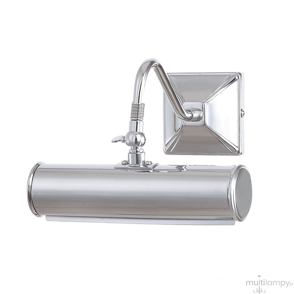 Kinkiet Picture Light 1xE14 w polerowanym chromie, z cylindrycznym kloszem i elastycznym ramieniem. Ujęcie frontalne, zamontowany na ścianie, z prostokątną podstawą. Odpowiedni do oświetlenia obrazów lub dekoracji.