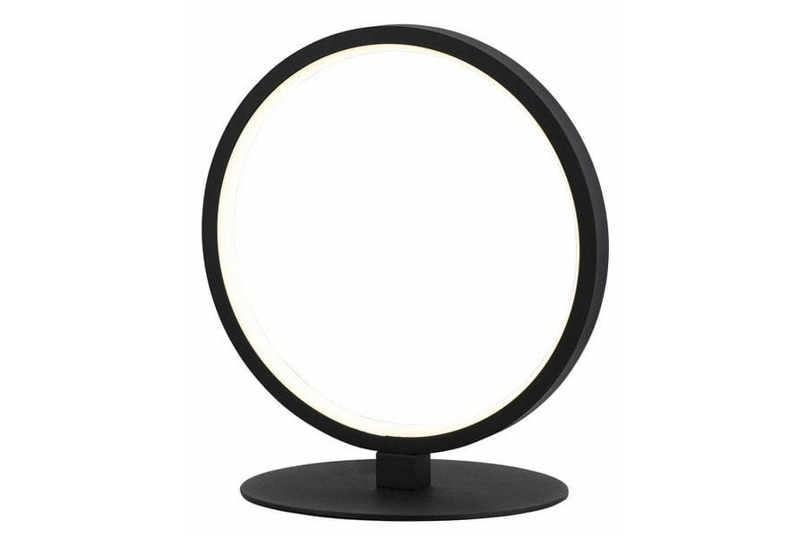 Lampa stołowa Ragi w kolorze czarnym z okrągłym kloszem LED o mocy 8W. Ujęcie z boku, prezentująca minimalistyczny design z prostą podstawą. Kluczowe elementy to gładka, matowa powierzchnia oraz delikatne podświetlenie.