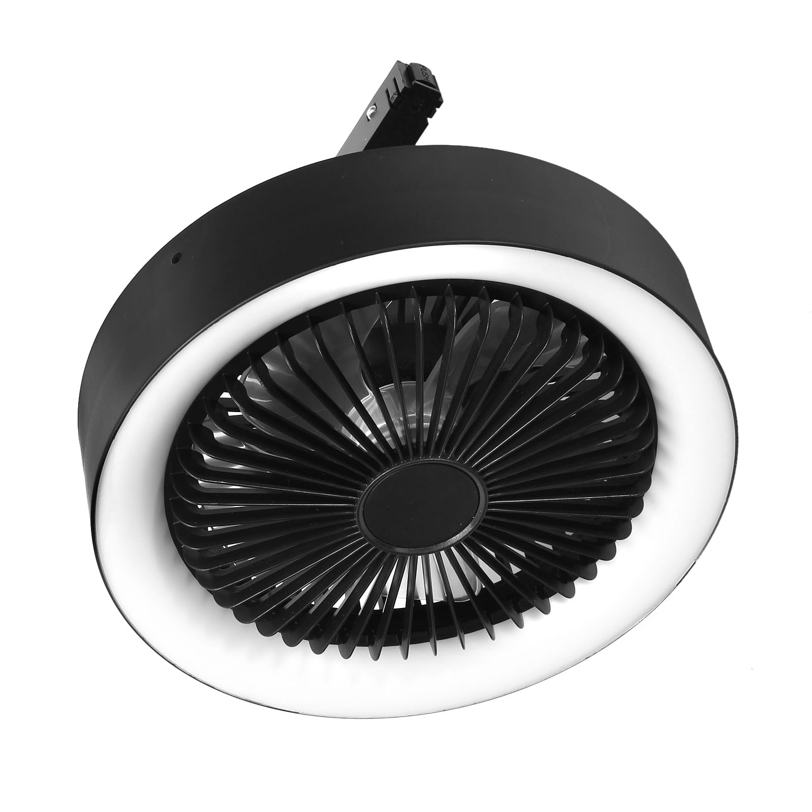 Lampa LED z wiatrakiem w kolorze czarnym, montowana na szynie magnetycznej. Okrągły kształt z czarnymi łopatkami wentylatora i białą oprawą świetlną. Zdalne sterowanie pilotem. Widok z dołu, ukazujący detale wirnika.
