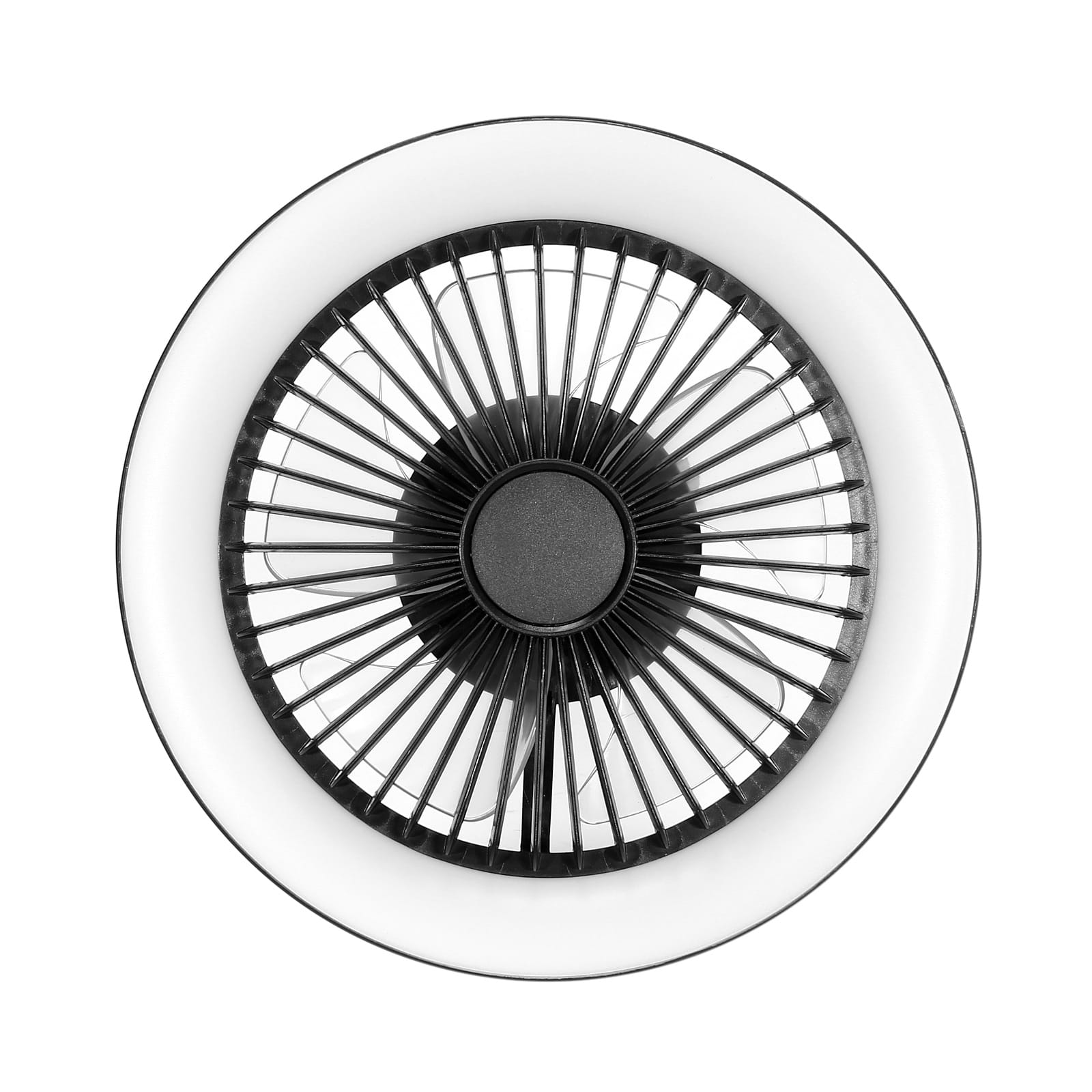 Lampa LED z wiatrakiem w kolorze czarnym, z pilotem, na szynie magnetycznej. Okrągła forma z białą obwódką i czarnym centralnym wentylatorem. Widok z góry, ukazujący detale łopatek wentylatora. Idealna do nowoczesnych wnętrz.