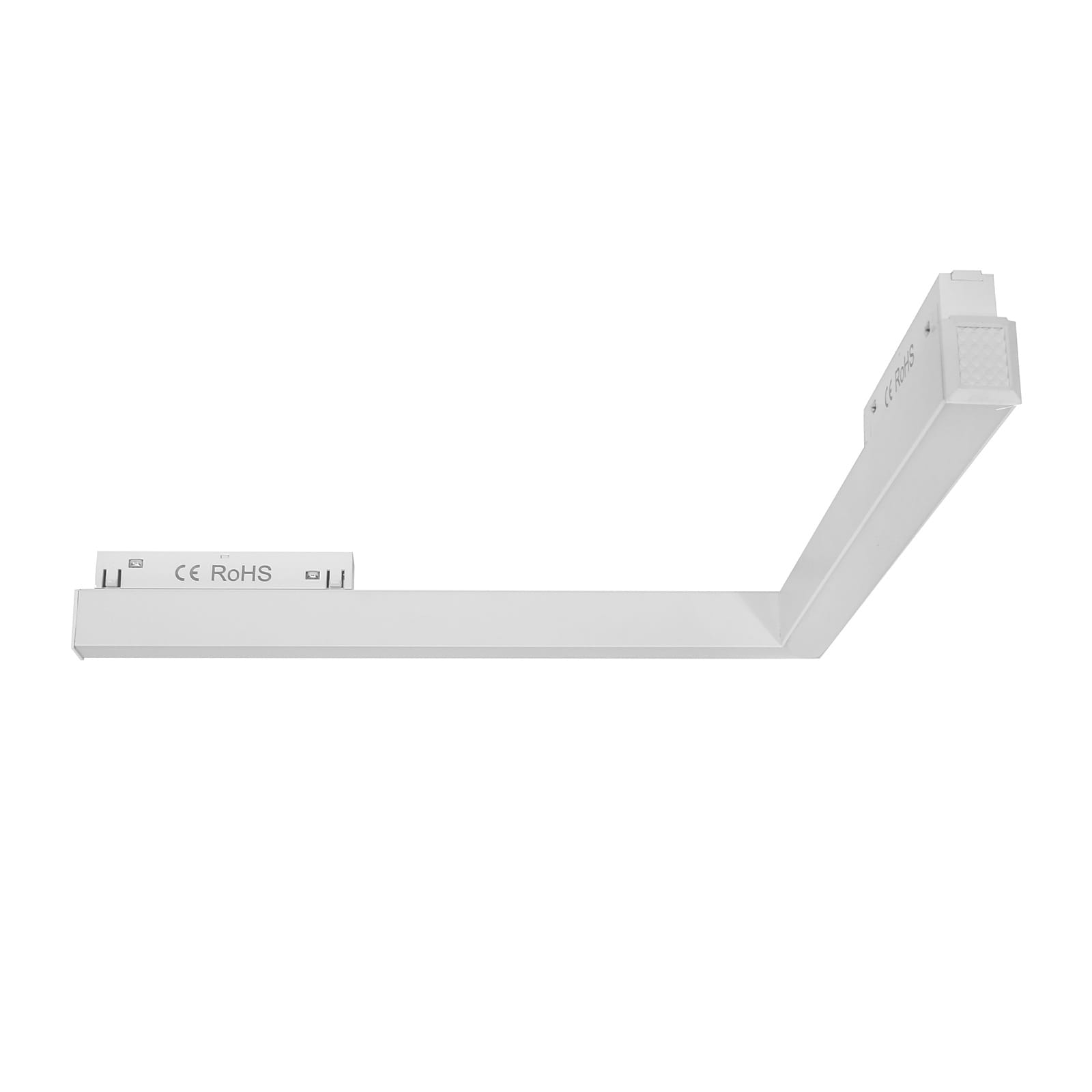 Lampa LED narożna do szyny magnetycznej, 24W, 4000K, w kolorze białym. Produkt ma prostokątny kształt z jednym końcem zakończonym złączem do szyny. Ujęcie z góry, jasno pokazujące jego konstrukcję.