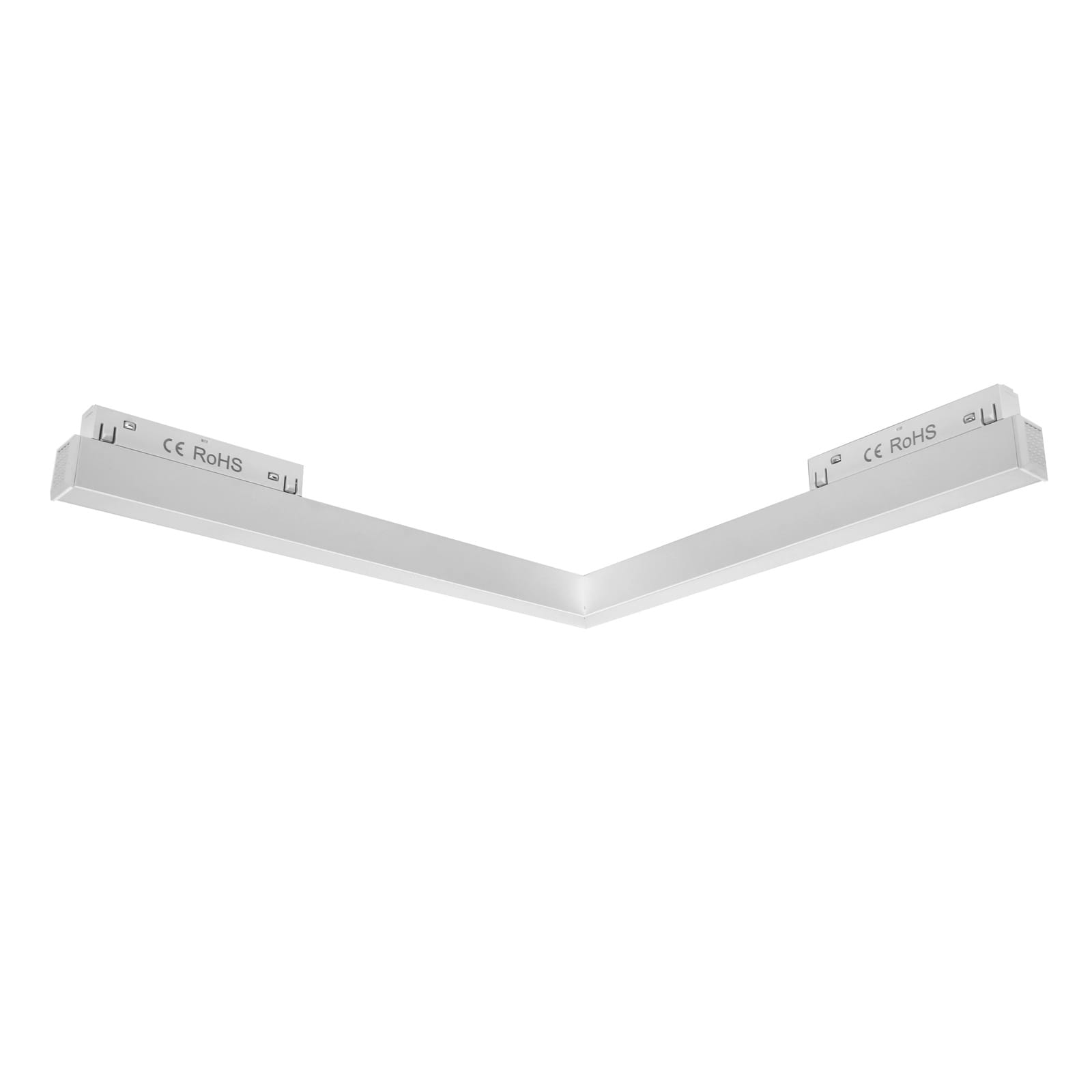 Lampa LED narożna do szyny magnetycznej o mocy 24W i barwie 4000K. Biała, prostokątna forma z widocznymi złączami. Ujęcie frontalne, leżąca w pozycji poziomej.