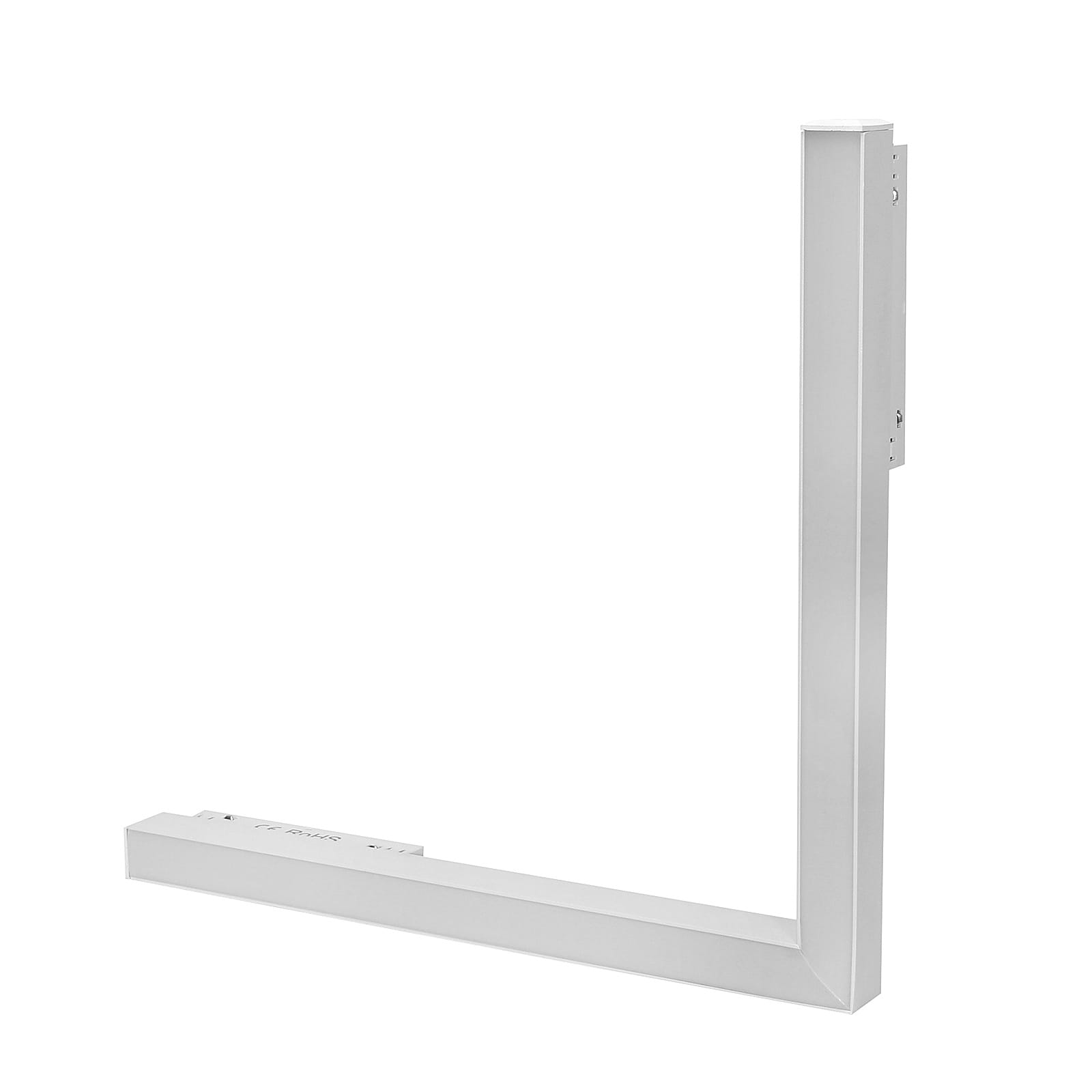 Lampa LED narożna do szyny magnetycznej 24W/4000K w kolorze białym, w kształcie litery L, wykonana z aluminium. Ujęcie z boku, ukazujące prostokątny profil i gładką, matową powierzchnię. Bez widocznych napisów lub logo.