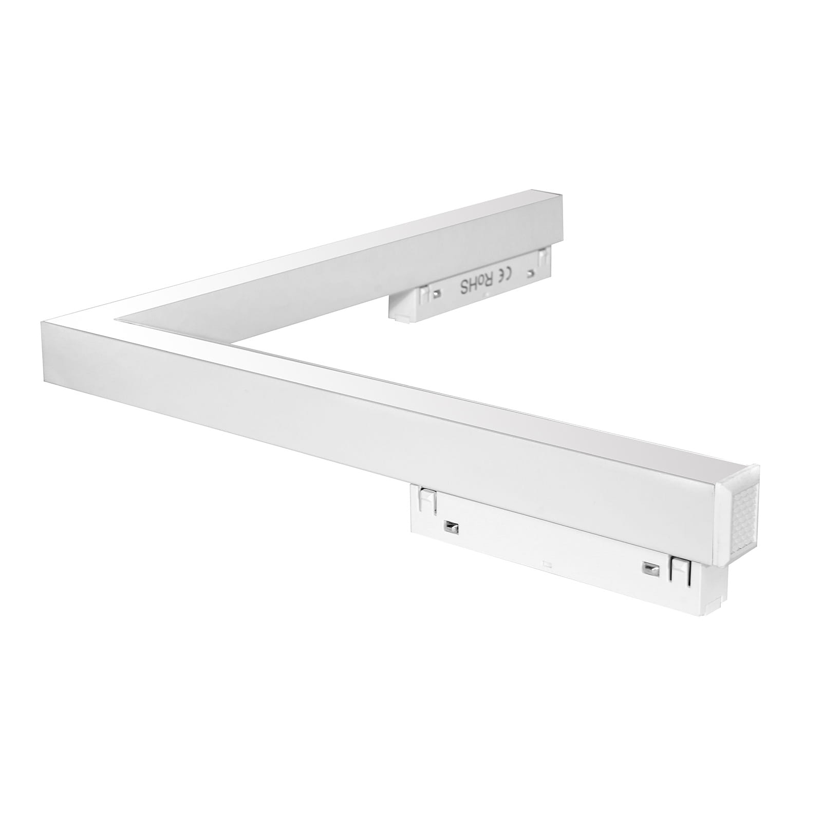 Lampa LED narożna do szyny magnetycznej, 24W, kolor biały. Posiada prostokątny kształt, gładką, matową powierzchnię. Ujęcie z boku, z widocznymi elementami montażowymi na końcach. Idealna do oświetlenia wnętrz.