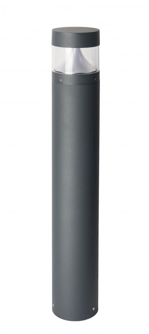 Lampa stojąca ogrodowa Barel H98 w kolorze ciemnego popielu, wykonana z metalu, o cylindrycznym kształcie. Posiada szklaną osłonę u góry, przystosowana do żarówki LED 1x23W. Idealna do oświetlenia przestrzeni na zewnątrz.